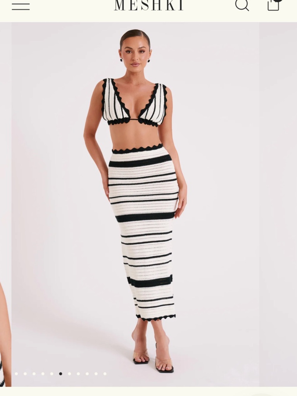MESHKI Black & White Striped Crochet Maxi Skirt and Bra Top Set
